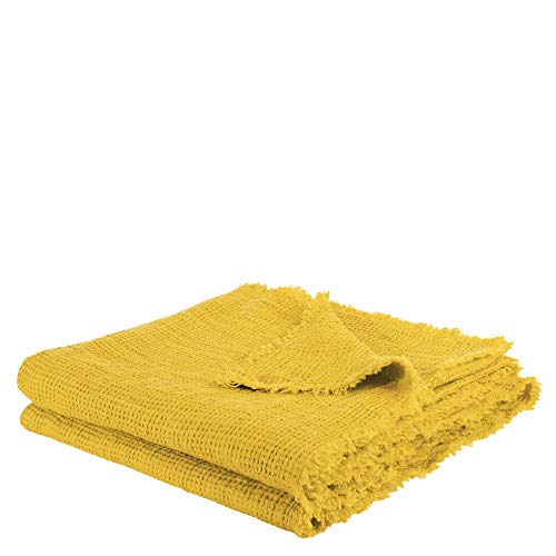Honeybee-Plaid – miękki koc z lnu – jednokolorowy tkany pled z frędzlami z naturalnych materiałów – 170 x 230 cm – 160 curry – od 'zoeppritz since 1828'