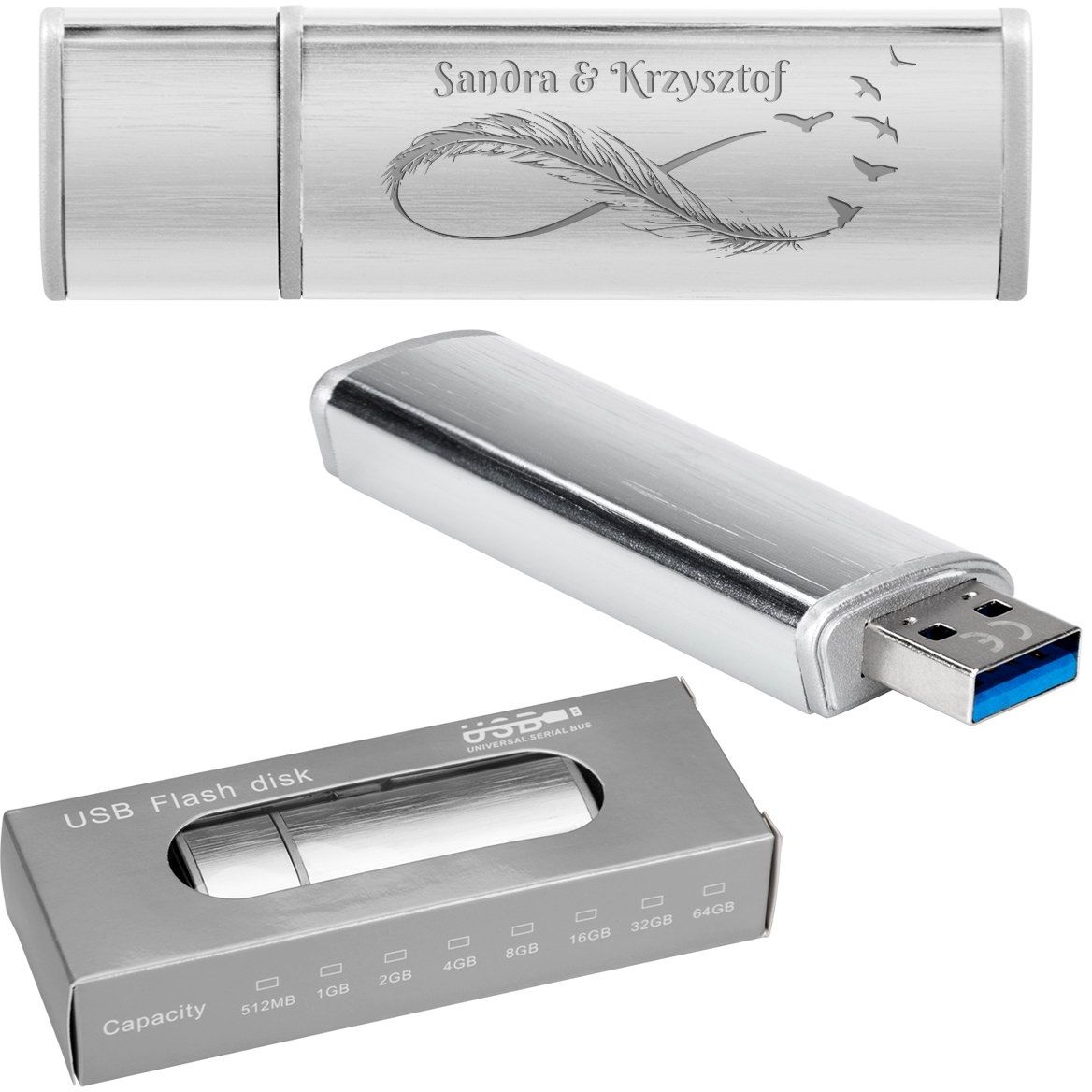 Pendrive srebrno-srebrny 64 GB Pamięć USB prezent z Grawerem