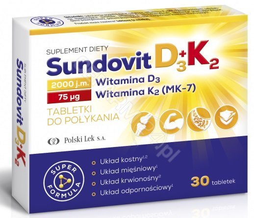 Polski Lek SundovitD3+K2 30 tabletek Wysyłka kurierem tylko 10,99 zł