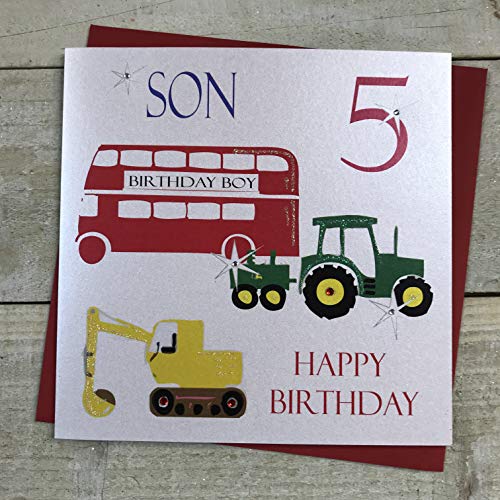 WHITE COTTON CARDS Białe bawełniane karty syn 5 szczęśliwy, ciągnik autobus koparka ręcznie robione wiek 5 urodziny, Ns5 Ns5