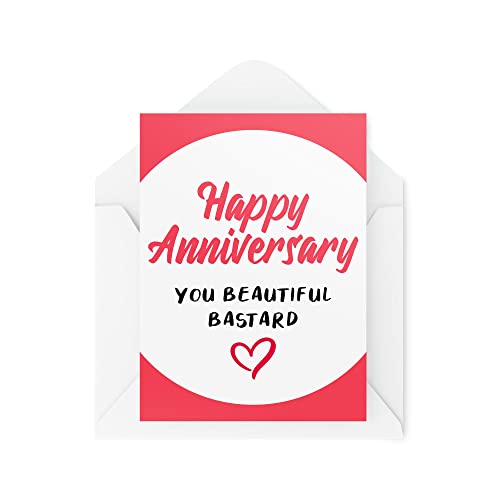 Tongue in Peach Śmieszne kartki rocznicowe, 'Happy Anniversary You Beautiful Bastard', żart dla chłopaka dziewczyny, humor sarkazm sztanga żart zabawa CBH118 TIP_CARD_CBH118