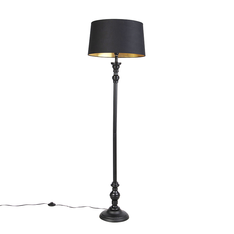 QAZQA Klasyczna lampa podłogowa czarna klosz bawełniany czarno-złoty 45cm - Classico