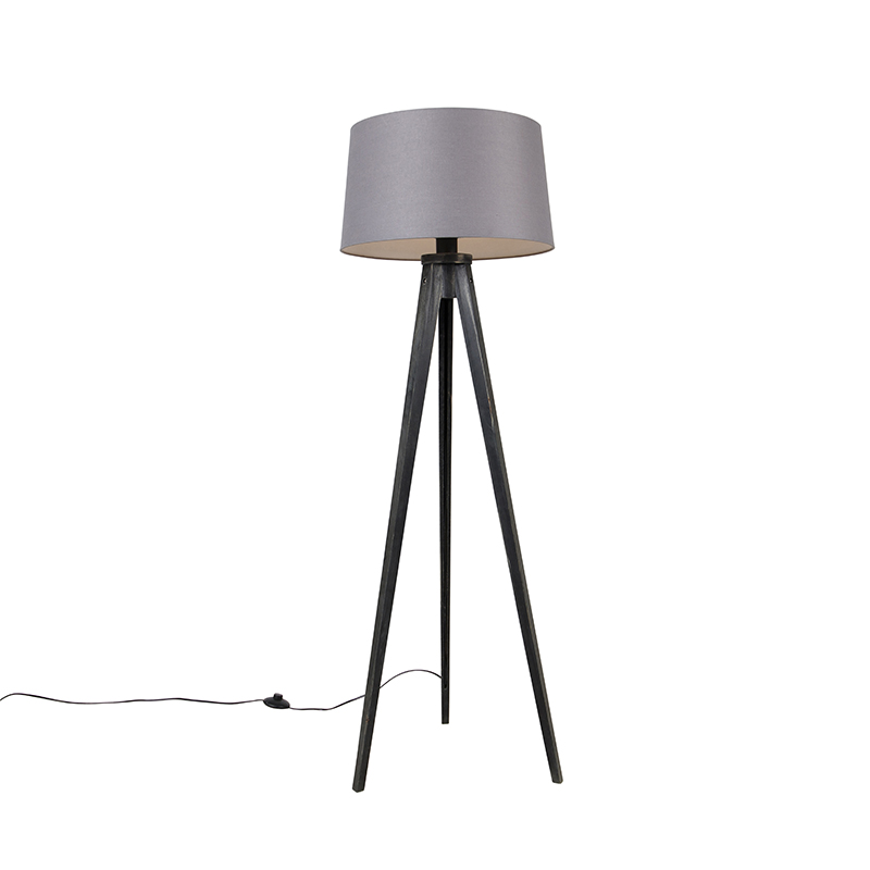 QAZQA Statyw czarny z lnianym abażurem Ciemnoszary 45 cm - Tripod Classic