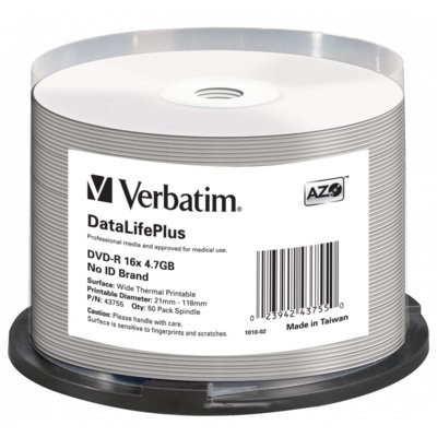 Verbatim 43755 DVD-R 16 X 50-Pack printable Optical Media 0023942437550