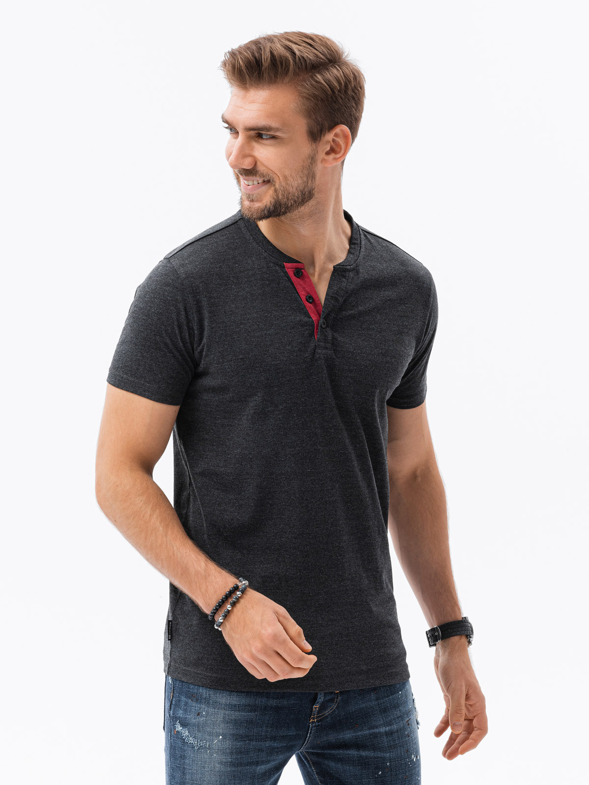 T-shirt męski bez nadruku z guzikami - czarny melanż V4 S1390