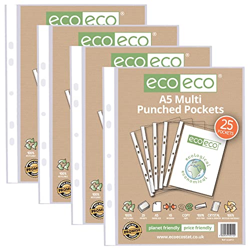 eco-eco A5 100% recyklingowane wiele dziurkowanych kieszeni szkło przezroczyste, przezroczysty portfel foliowy ochraniacz na arkusz, 45 mikronów (100 kieszeni), eco012x4