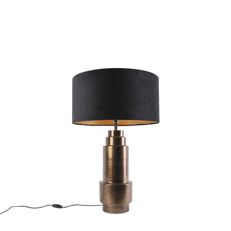 QAZQA Lampa stołowa art deco brąz klosz welurowy czarny 50cm - Bruut