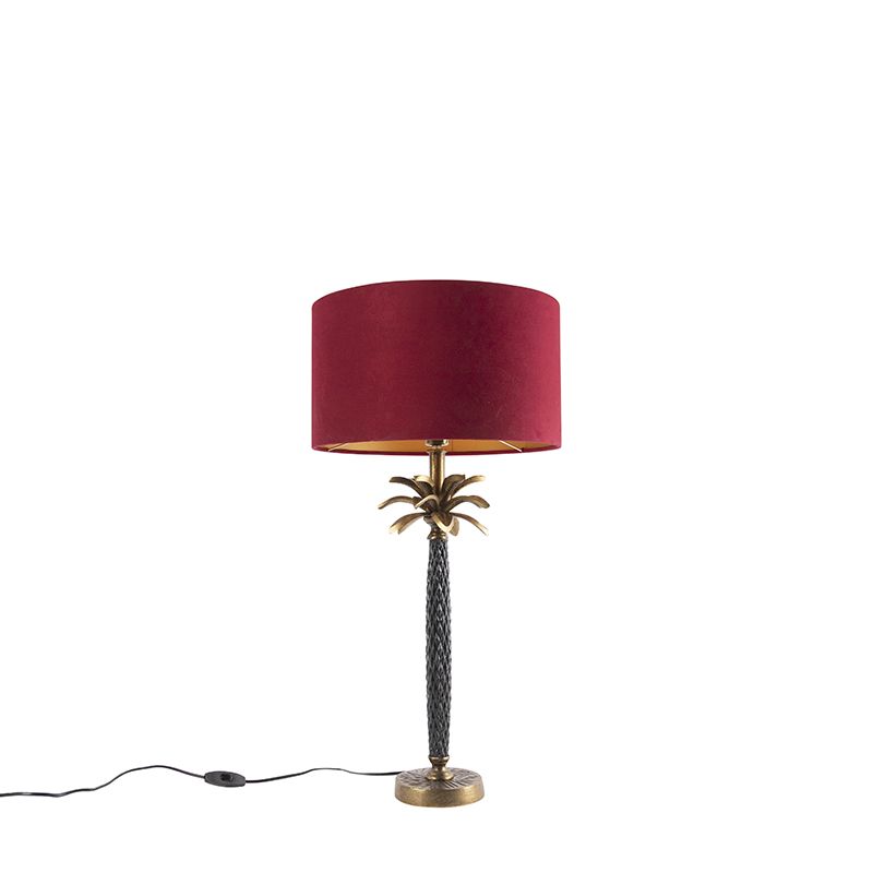 QAZQA Lampa stołowa Art Deco brąz z aksamitnym czerwonym kloszem 35 cm - Areka