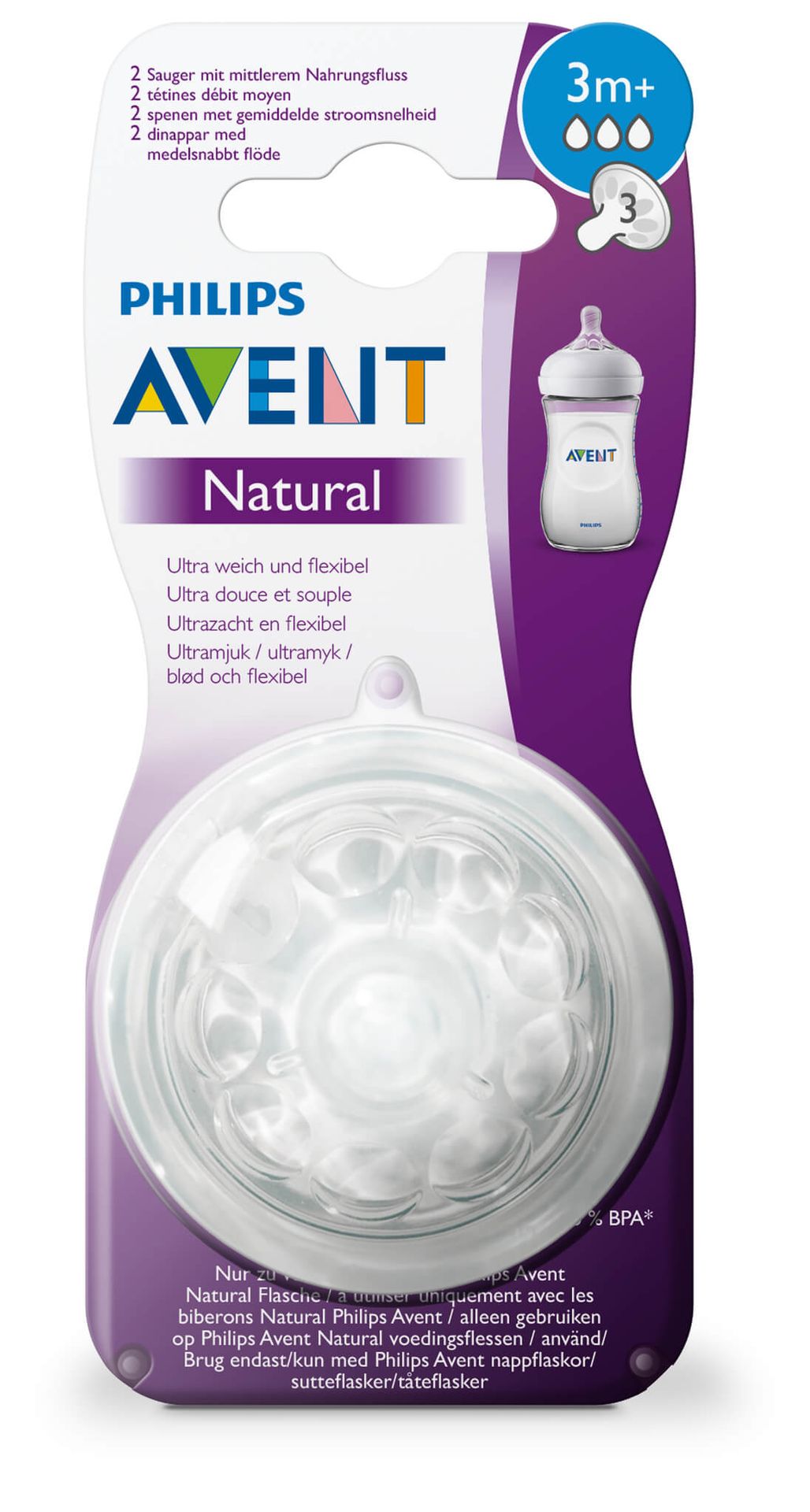 Philips Avent Natural Ssawka SCF043/27, 3 m+, do butelek naturalnych, naturalne zachowanie podczas picia, system antykoliowy, przezroczysty, 2 sztuki