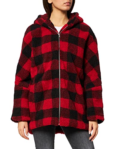 Urban Classics Damska kurtka zimowa Ladies Oversized Check Sherpa Jacket z kapturem, wzór w kratkę, rozmiar XS do 5XL, wielokolorowy (Firered/Blk 01440), L
