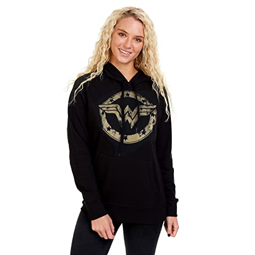 DC Comics Damska bluza z kapturem Wonder Woman z metalicznym logo, Czarny (czarny blk), 34