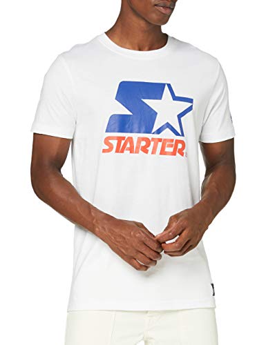 STARTER BLACK LABEL Męski T-shirt z nadrukiem z przodu i na rękawach, naszywka z logo na obszyciu, sportowy okrągły dekolt, dostępny w kolorze czarnym i białym, rozmiar S do XXL, biały, S