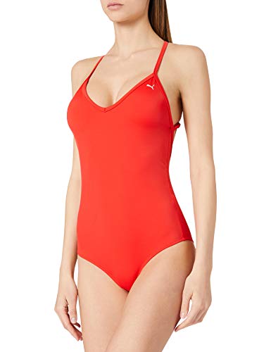 PUMA Damski strój kąpielowy z dekoltem w serek, crossback, jednoczęściowy, czerwony, XL