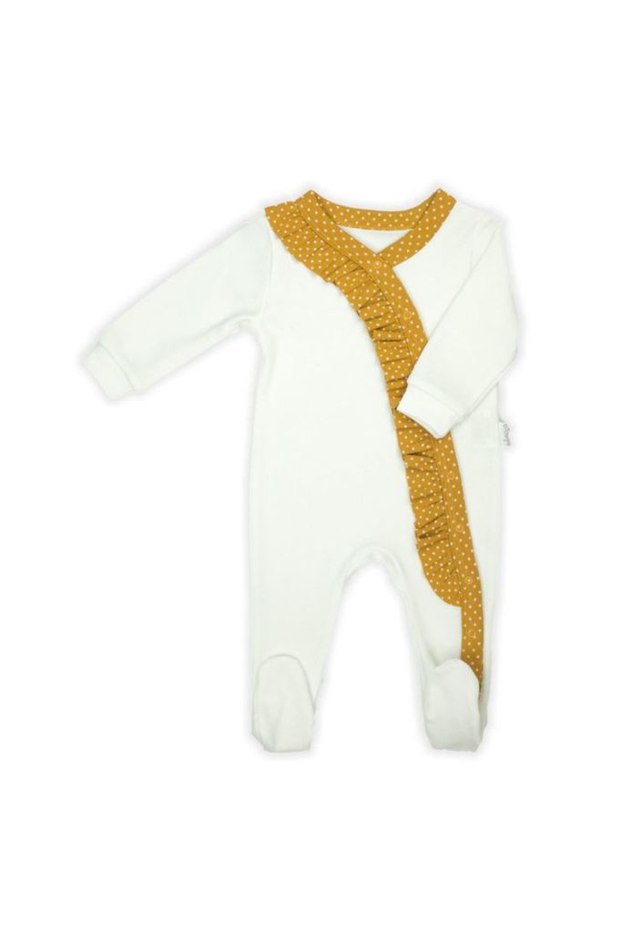 Pajacyki dla niemowląt - Pajacyk z długim rękawem w kolorze kremowym z dodatkami musztardowymi - grafika 1