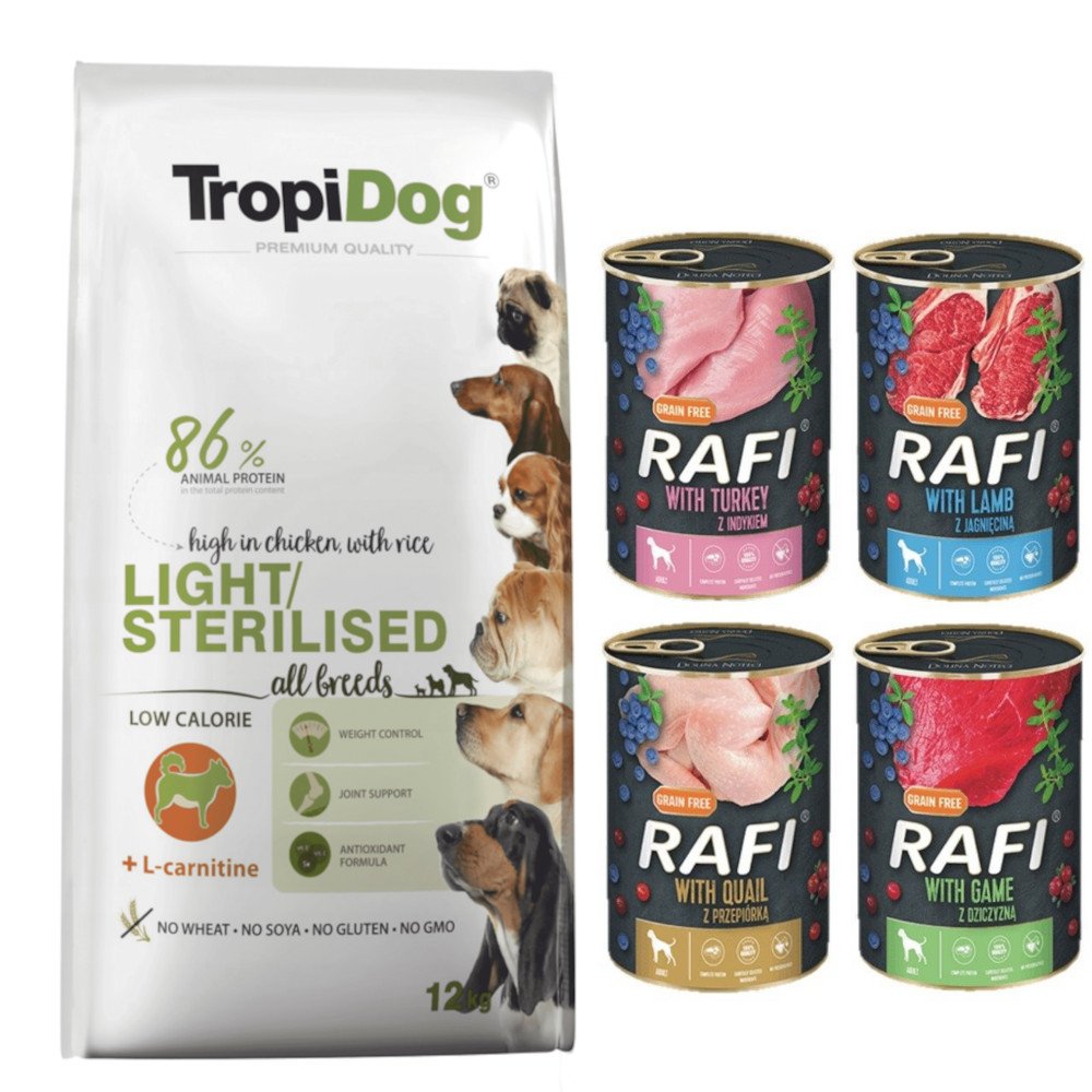 TROPIDOG Premium light/sterilised 12kg + Rafi puszka 4x400g