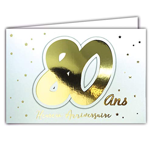Afie 69-2208 kartka z życzeniami na 80 urodziny ze złotymi gwiazdami na białym tle, z kopertą; format zamkniętej kartki 17 x 11,5 cm