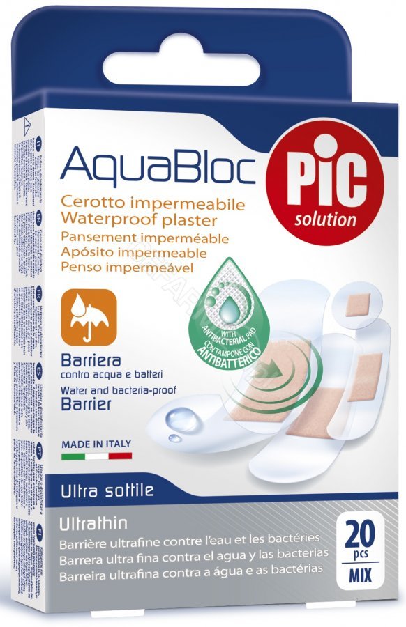 PiC Aquabloc assorted, antybakteryjne plastry opatrunkowe, mix rozmiarów, 20 szt.
