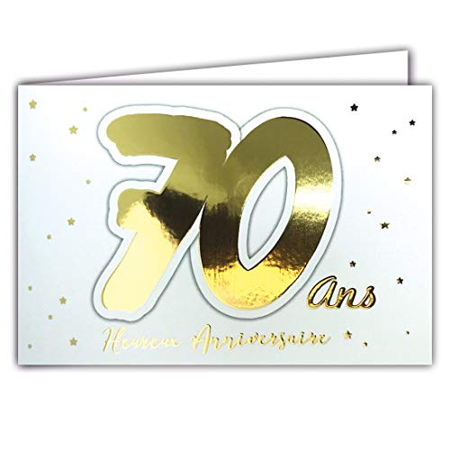 Afie Afie 69-2207 kartka z życzeniami na 70. urodziny ze złotymi gwiazdami na białym tle, z kopertą; format zamkniętej kartki 17 x 11,5 cm 69-2207