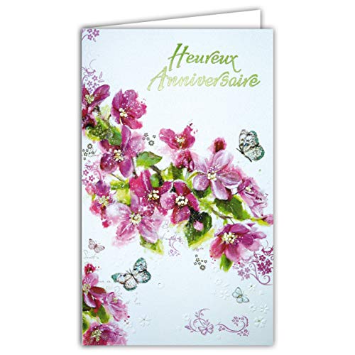 Afie Kartka z życzeniami na urodziny, z motywem kwiatowym, różowe, motyl, tłoczony, papier 15-6384