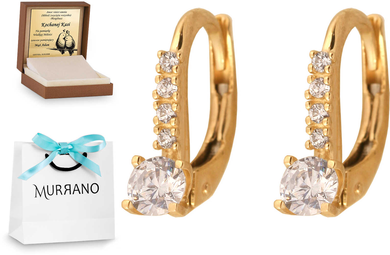 Złote kolczyki 585 wiszące prezent grawer pudełko