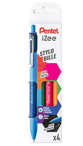 Pentel IZee długopis, wysuwany, z metalowym klipsem, pochette de 4 niebieski/zielony/pomarańczowy/różowy.