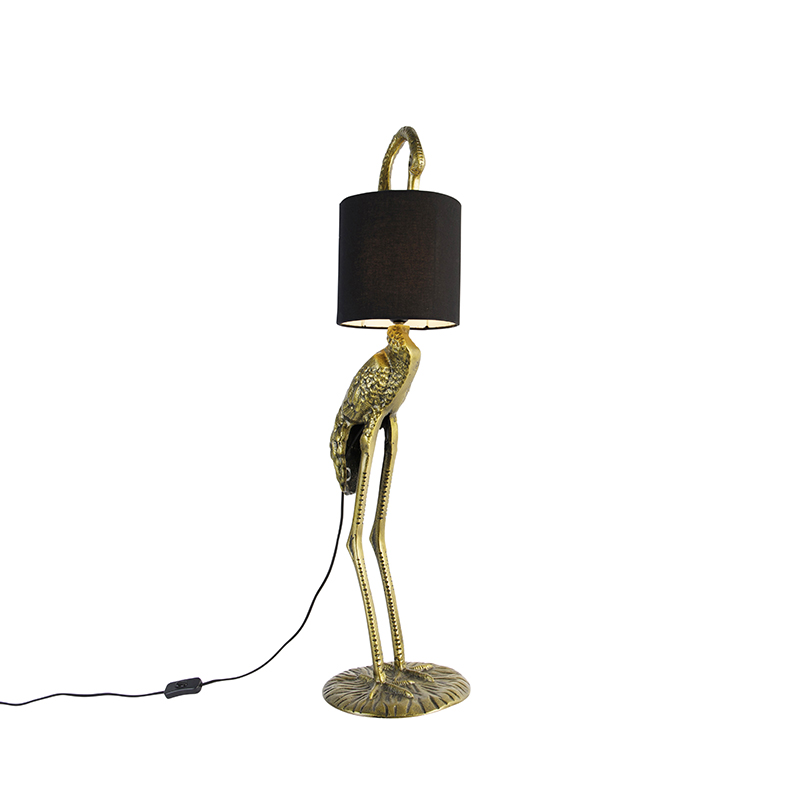 QAZQA Vintage lampa podłogowa mosiężny klosz z tkaniny czarny - Żuraw ptak