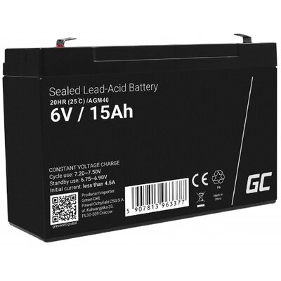 Green Cell Akumulator bezobsługowy AGM VRLA 6V 15Ah do systemów alarmowych i zabawek AGM40
