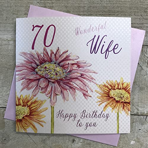 WHITE COTTON CARDS białe bawełniane kartki kwiaty, Wonderful Wife 70 Happy Handmade Kartka na 70. urodziny, biała, wb103-70 wb103-70