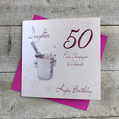 WHITE COTTON CARDS white cotton cards Różowy szampan, córka 50 to Celebrate Happy Handmade 50-te urodziny, biała WBA50P-D WBA50P-D