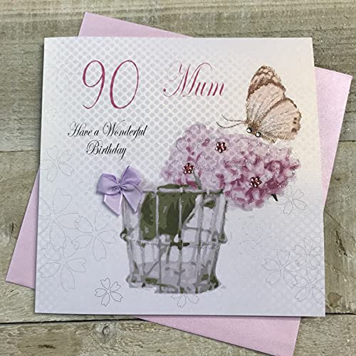 WHITE COTTON CARDS Białe bawełniane kartki 'Mum Have a Wonderful 90th Birthday' vintage ręcznie robiona kartka, biała, pdm90 pdm90