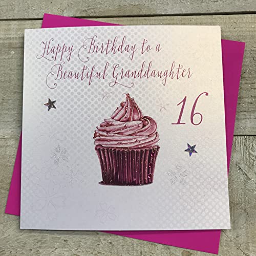 WHITE COTTON CARDS White Cotton Cards Cupcake Happy Beautiful Granddaughter 40 cm ręcznie robiona kartka na 16. urodziny, biała, WBGD16 WBGD16