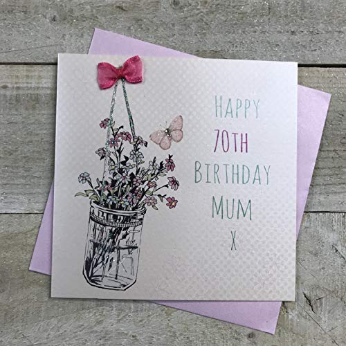 WHITE COTTON CARDS Białe bawełniane kartki 'Happy', kwiaty mama ręcznie robione kartki z 70-tymi urodzinami, e7-m70 e7-m70