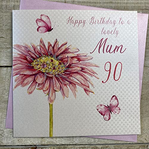 WHITE COTTON CARDS białe bawełniane kartki 'Happy 90th Birthday to a Lovely Mum' ręcznie robione karty różowy kwiat gerbery, DS25 DS25