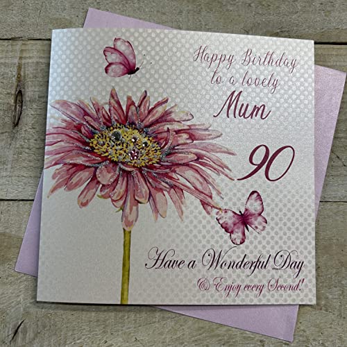 WHITE COTTON CARDS białe bawełniane kartki różowa gerbera, Happy 90 Mum Have a Wonderful Day ręcznie robiona kartka na 90. urodziny, biała, wba90-mum wba90-mum