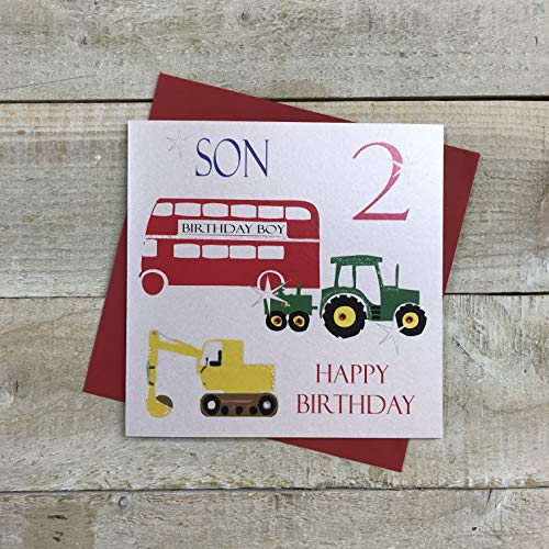 WHITE COTTON CARDS Białe bawełniane karty autobus, traktor, kopacze, syn 2 szczęśliwe ręcznie robione karty dla chłopców 2. urodziny, Ns2V Ns2V