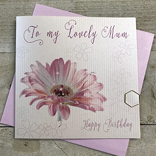 WHITE COTTON CARDS Białe bawełniane kartki różowa gerbera kwiat to My Lovely Mum Happy Handmade Kartka urodzinowa, biała, WS35 WS35