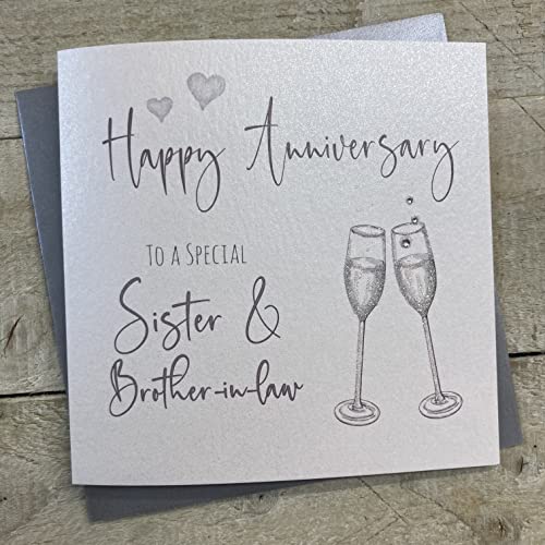 WHITE COTTON CARDS Białe bawełniane kartki 'Happy Year' ręcznie robione kartki 'To a Special Sister and Brother-in-la' z kieliszkami do szampana, białe, BD77 BD77