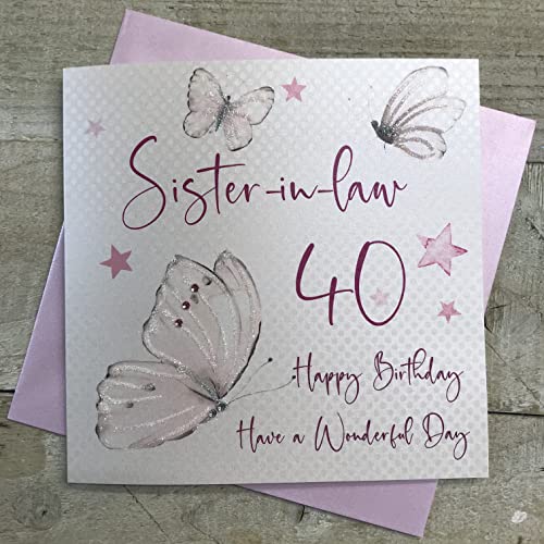 WHITE COTTON CARDS białe bawełniane kartki motyle, siostra teściowa Happy 100 cm ręcznie robiona kartka z 40 urodzinami, biała, wb123-40 wb123-40