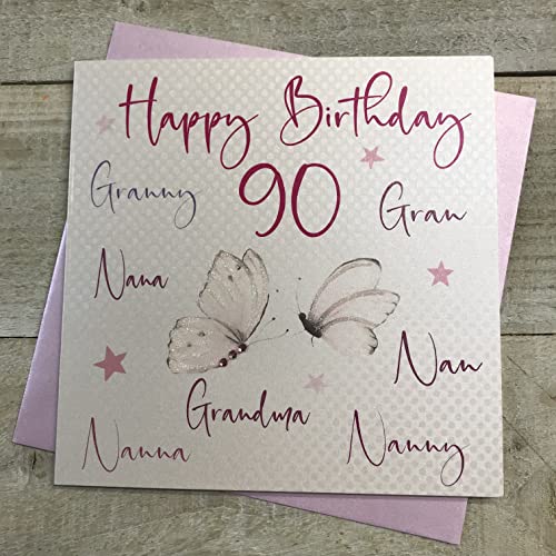 WHITE COTTON CARDS białe bawełniane kartki niania, nana, babcia, babcia, niania, babcia, babcia, babcia, szczęśliwe 295 cm ręcznie robione 90 urodziny, białe, wb125-90 wb125-90