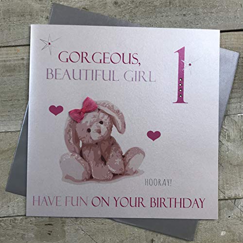 WHITE COTTON CARDS Białe bawełniane kartki duże wspaniałe piękne dziewczyny 1 'Have Fun' ręcznie robione 1st różowy króliczek kartka urodzinowa, XNP1