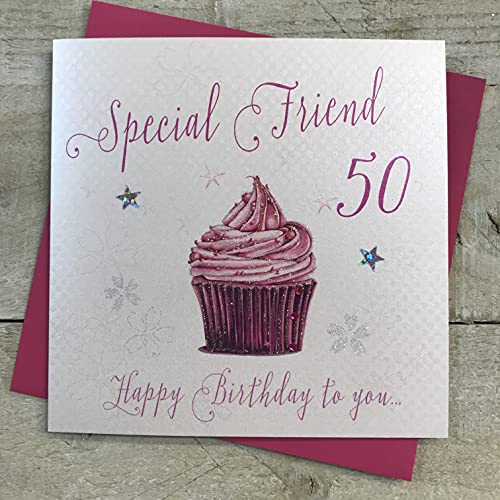 WHITE COTTON CARDS white cotton cards Różowa babeczka, specjalny przyjaciel 50 'Happy Handmade 50-te urodziny, biała, WB202-50 WB202-50