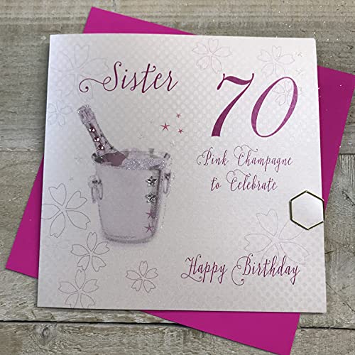 WHITE COTTON CARDS białe bawełniane kartki różowy szampański, siostra 70 świętować Happy Handmade Karta 70-te Urodzinowa, Biały, WBA70P-S WBA70P-S