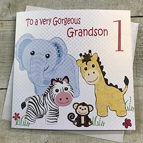 WHITE COTTON CARDS Białe bawełniane kartki 'To a Very Gorgeous Grandson' 1, zwierzęta safari ręcznie robione kartka na 1 urodziny, GL248 GL248