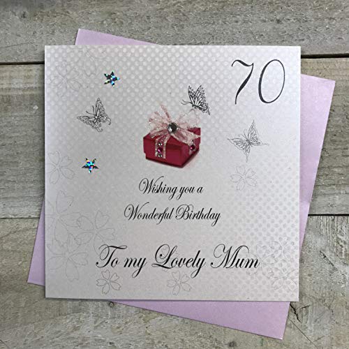 WHITE COTTON CARDS białe bawełniane kartki 70 'Wishing you a Wonderful Lovely Mum' ręcznie robione kartki na 70. urodziny, biała, bpd70-mum bpd70-mum