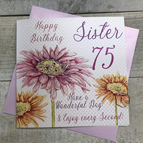 WHITE COTTON CARDS białe bawełniane kartki różowa gerbera, Happy 75 Sister Have a Wonderful Day ręcznie robiona kartka na 75. urodziny, biała, wba75-S wba75-S