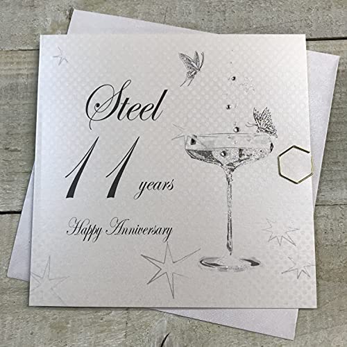 WHITE COTTON CARDS White Cotton Cards BD111C Coupe Glass 'Happy Anniversary 'Steel' ręcznie robiona karta rocznicowa, biała BD111