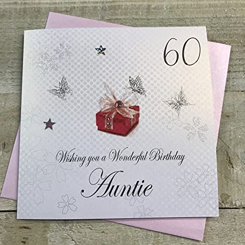 WHITE COTTON CARDS white cotton cards Czerwony prezent, 'Wishing you a Wonderful Auntie Handmade 60th Birthday' kartka, biała, bdp60-a bdp60-a