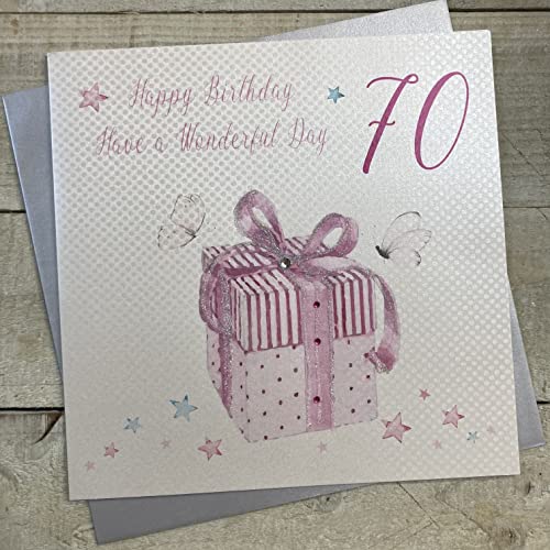 WHITE COTTON CARDS Białe bawełniane kartki duże Happy Wonderfu Day, różowy prezent ręcznie robiony kartka z okazji 70. urodzin, XPB70 XPB70