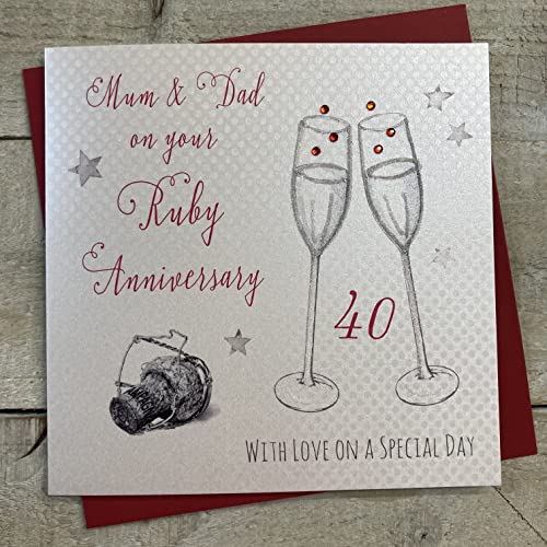 WHITE COTTON CARDS Białe bawełniane kartki 'To My Mum & Dad' On Your Ruby' ręcznie robiona kartka z 40-tą rocznicą, WA40M WA40M