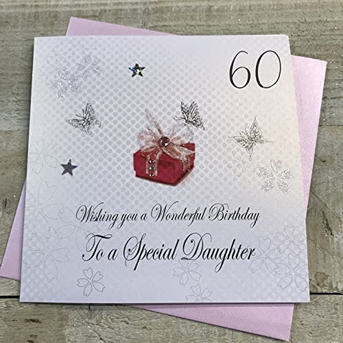 white cotton cards 60 'Wishing you a Wonderful Special Daughter' ręcznie robiona karta na 60. urodziny, biała, bdp60-D